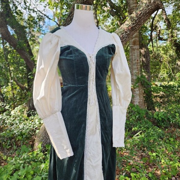 VTG GUNNE SAX PRAIRIE VELVET LONG SLEEVE LACE BOHO HIPPY DRESS GREEN IVORY 5 - Picture 3 of 16